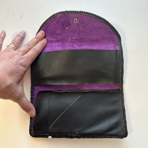 Vtg Tooled Leather Wallet Womens Floral Design & Purple Lining Handmade Western - Picture 4 of 6